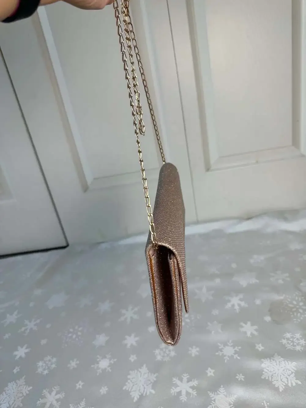 Rose Gold Glitter Envelope Clutch Purse Gold Chain Wedding Prom Evening Bag